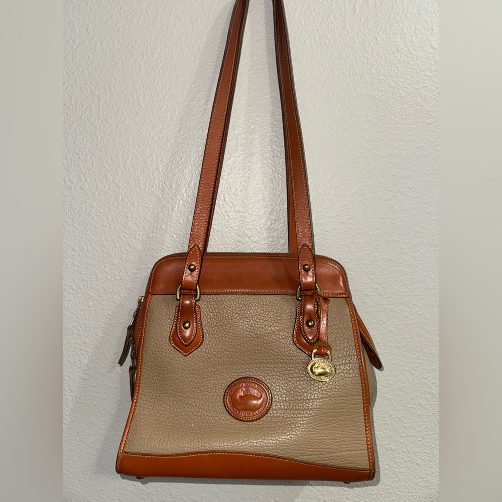 Dooney & Bourke Leather Carpet Shoulder Bag in Taupe & British Tan